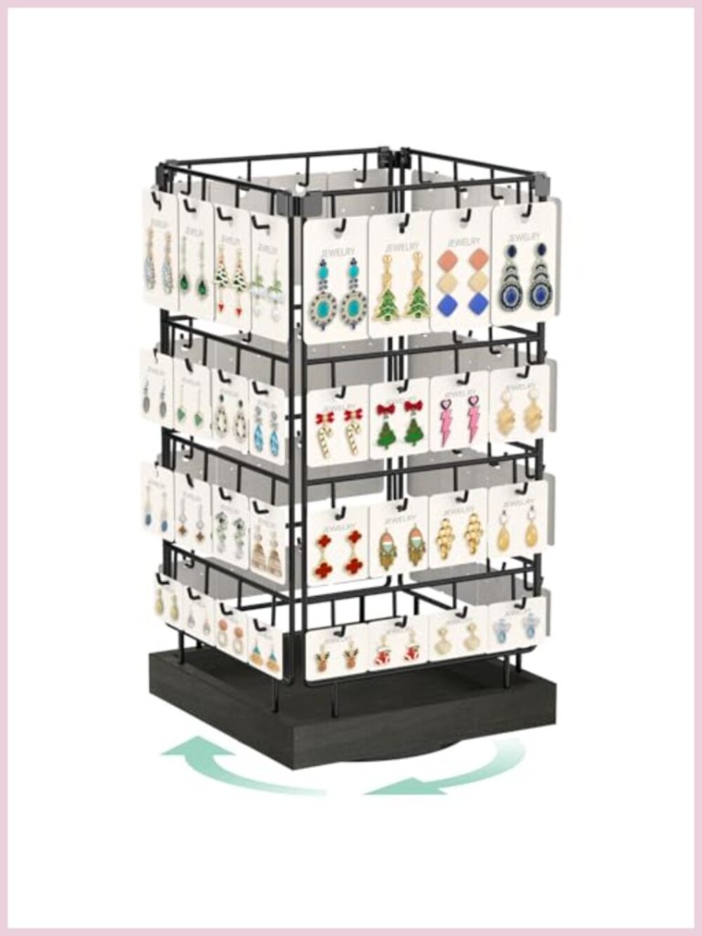 Rotating Earring Display Stand 64 Hooks Metal Wood Jewelry Organizer